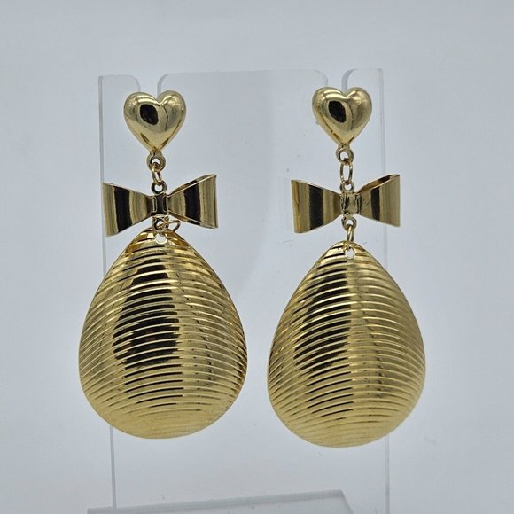 Gold Tone Heart Bow Dangle Teardrop Earrings 2" Drop Super Cute F15 - Picture 3 of 6